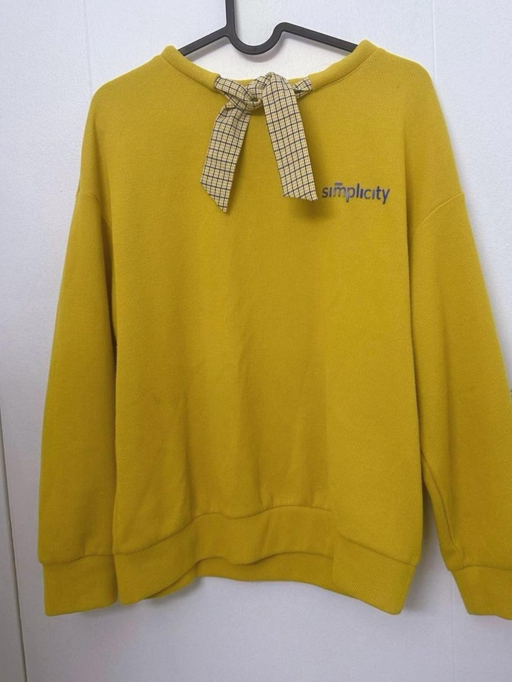Mustard Sweatershirt with Plaid Bow Accent